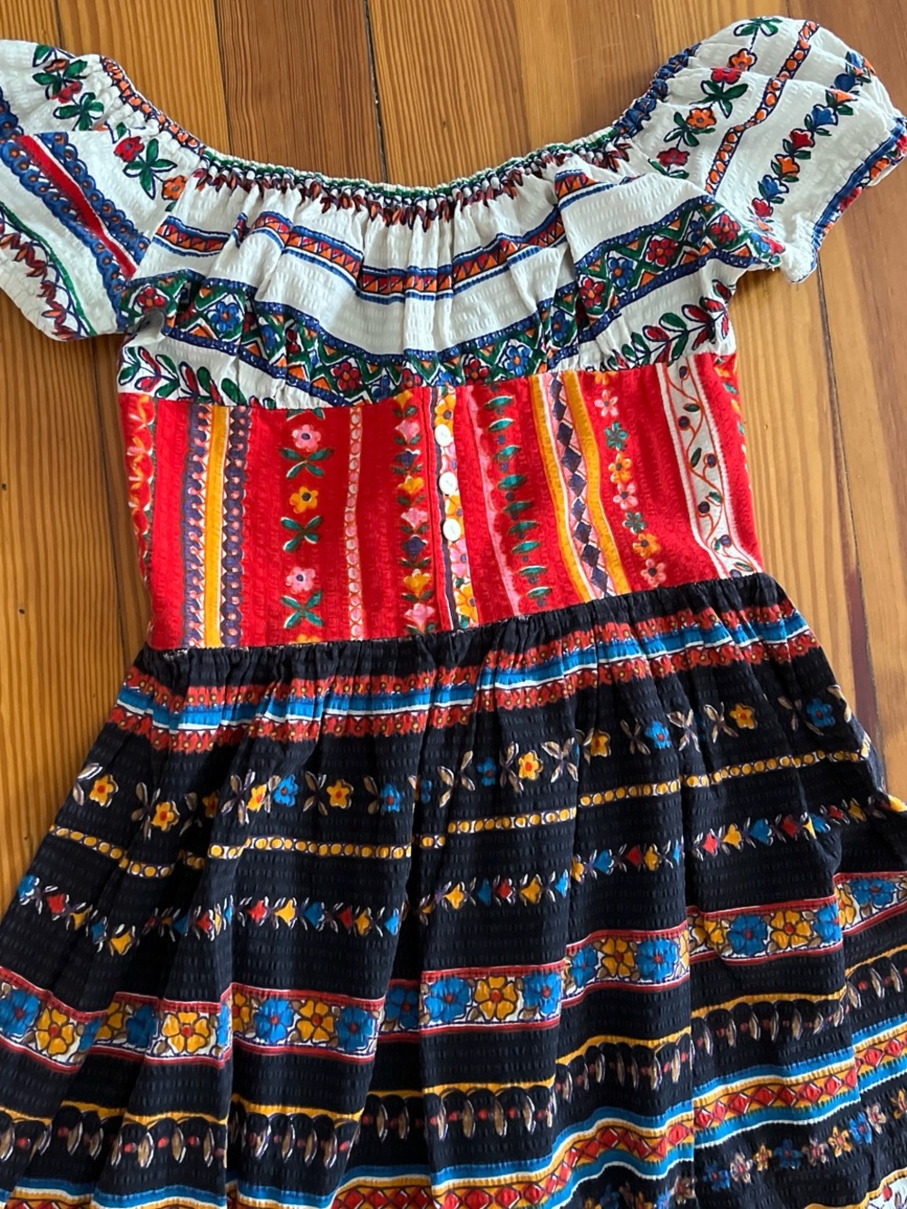 Vintage Off-Shoulder Maxi Dress in Red, Black, White & Blue